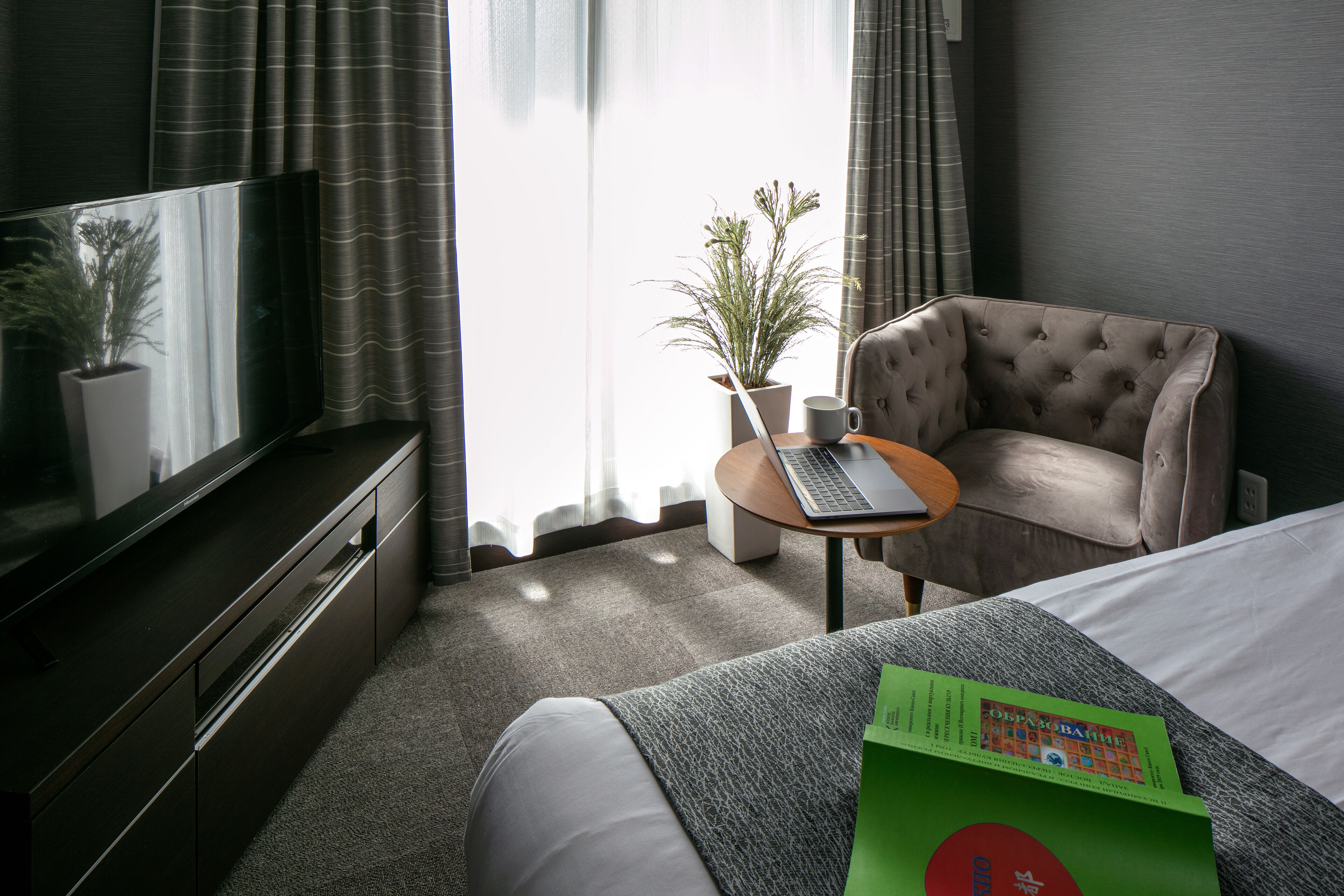 A hotel room with a bed, a desk with a laptop, a television, a potted plant, and a window with curtains.