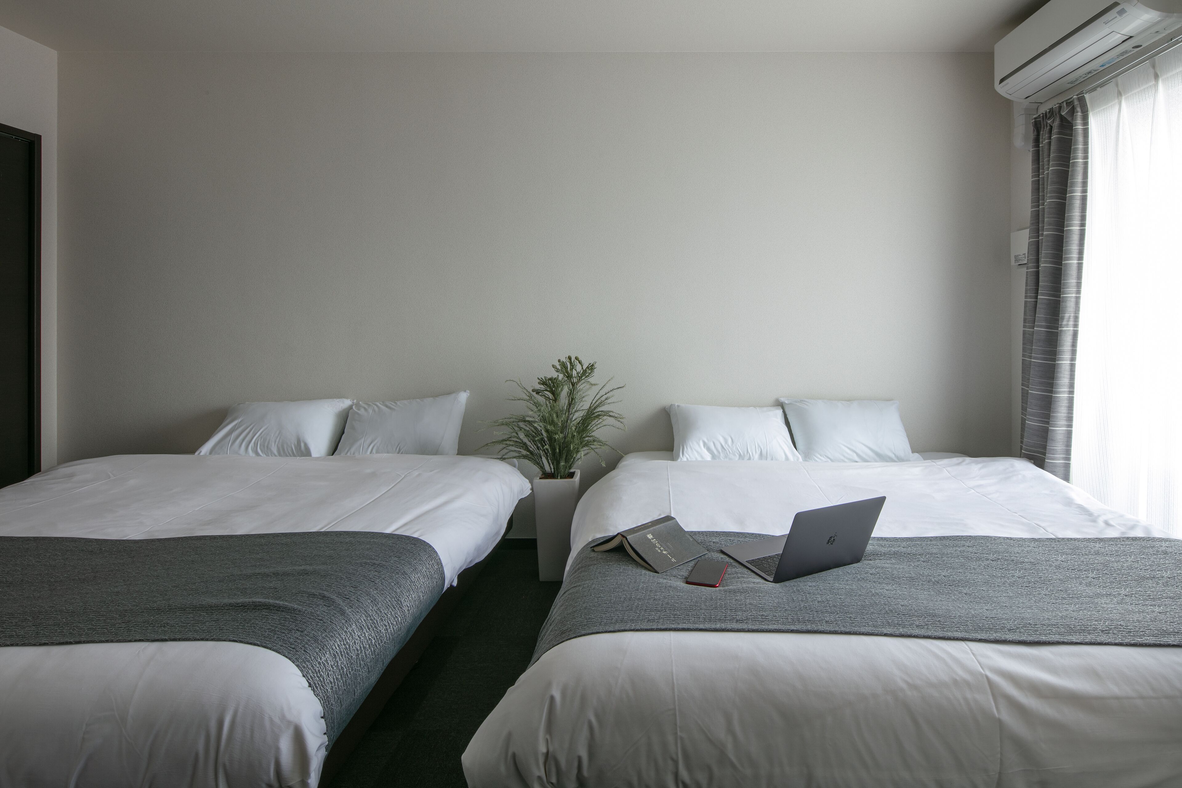 A hotel room with two beds, a potted plant, and an air conditioning unit.