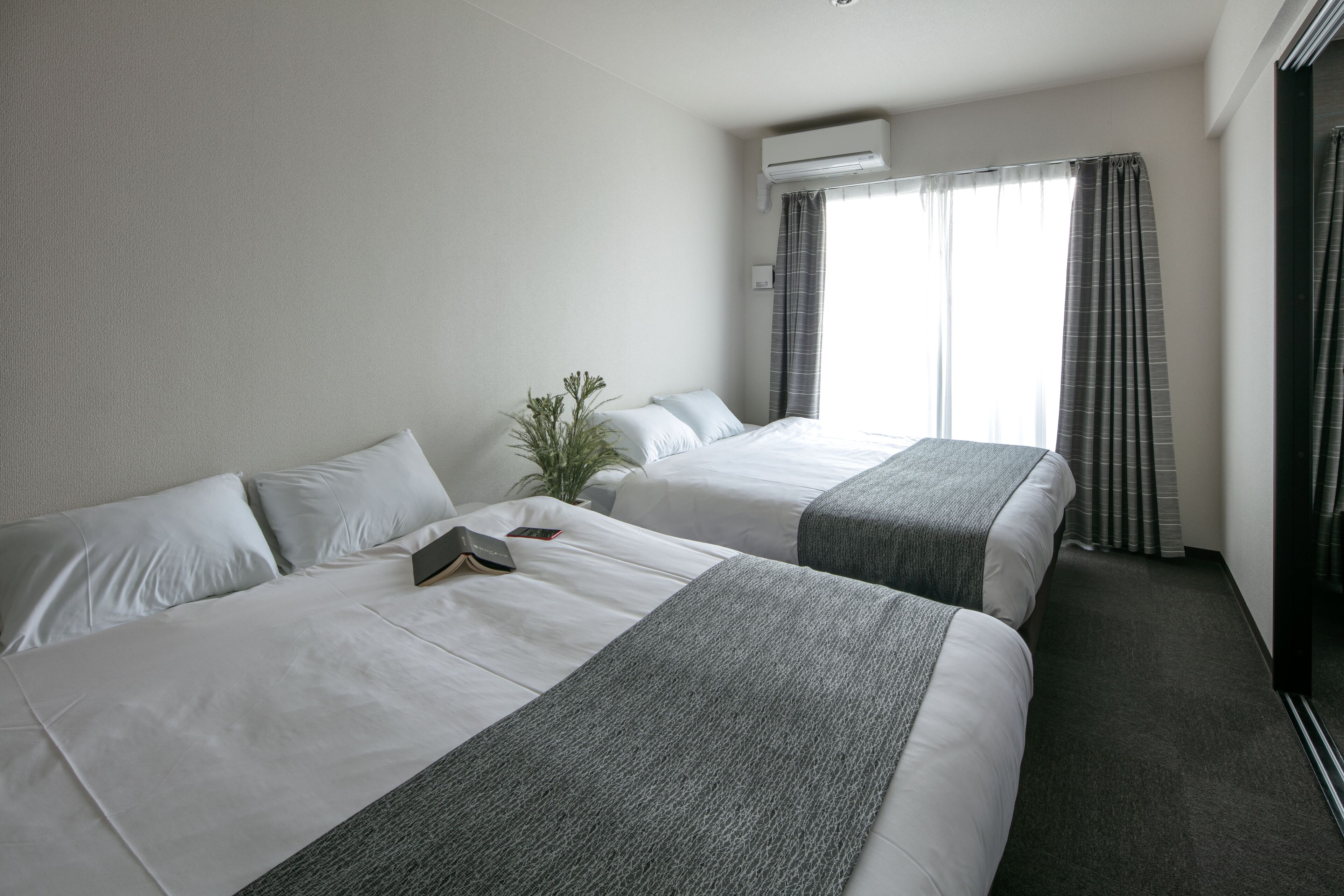 Een hotelkamer met twee bedden, een potplant en een airconditioner.