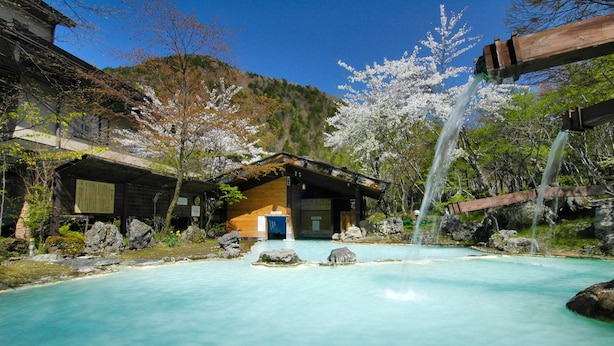 A traditional Japanese onsen with a clear pool, wooden buildings, and cherry blossoms. - Awanoyu (Matsumoto)