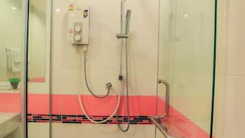 Shower, free toiletries, towels, soap