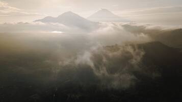 Un paisaje montañoso con un valle cubierto de bosque y picos envueltos en niebla.