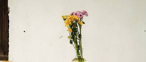 Two wicker chairs with metal frames, a glass vase with flowers, and a white wall.