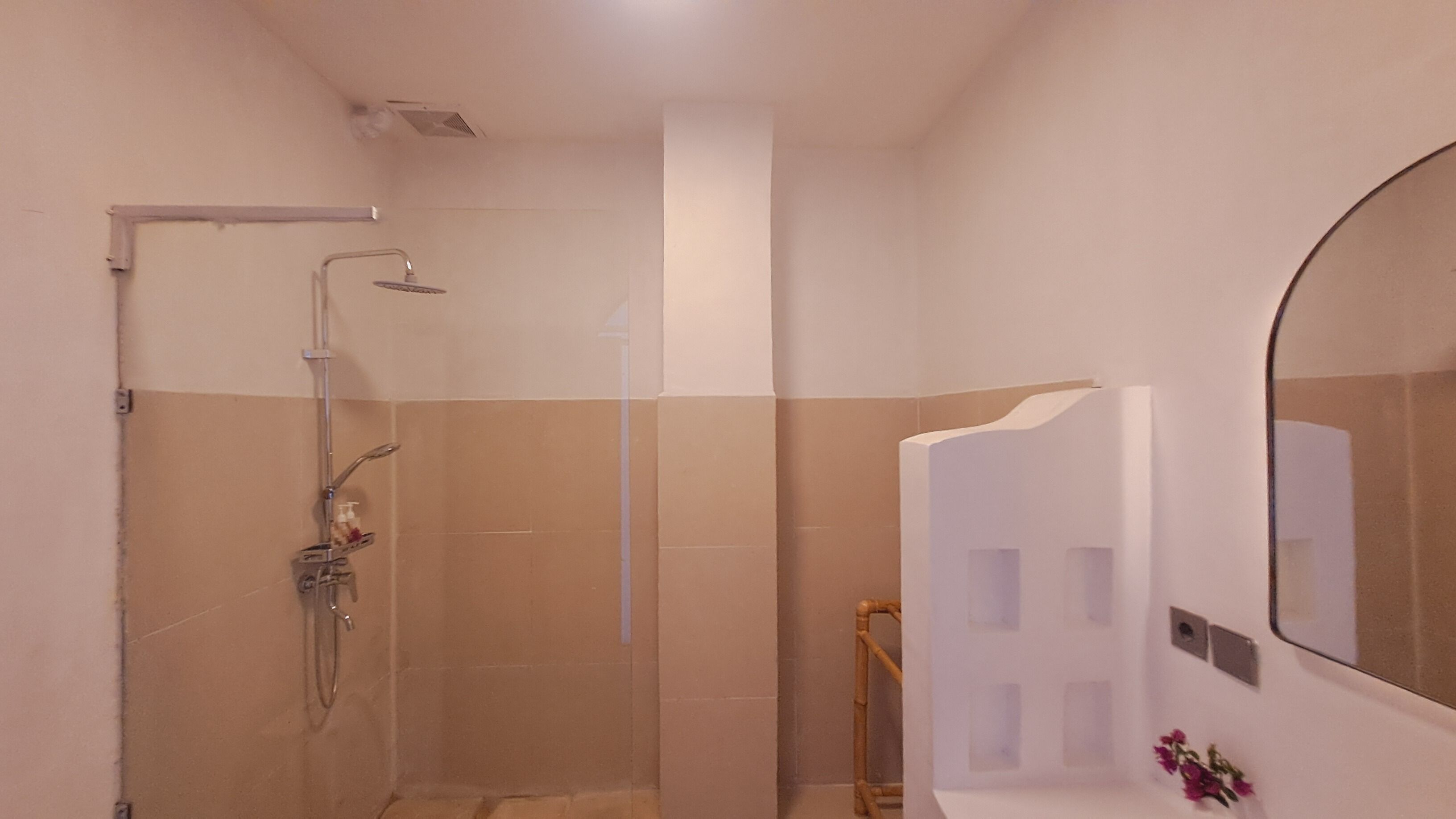 A bathroom with a shower, a toilet, and a mirror.