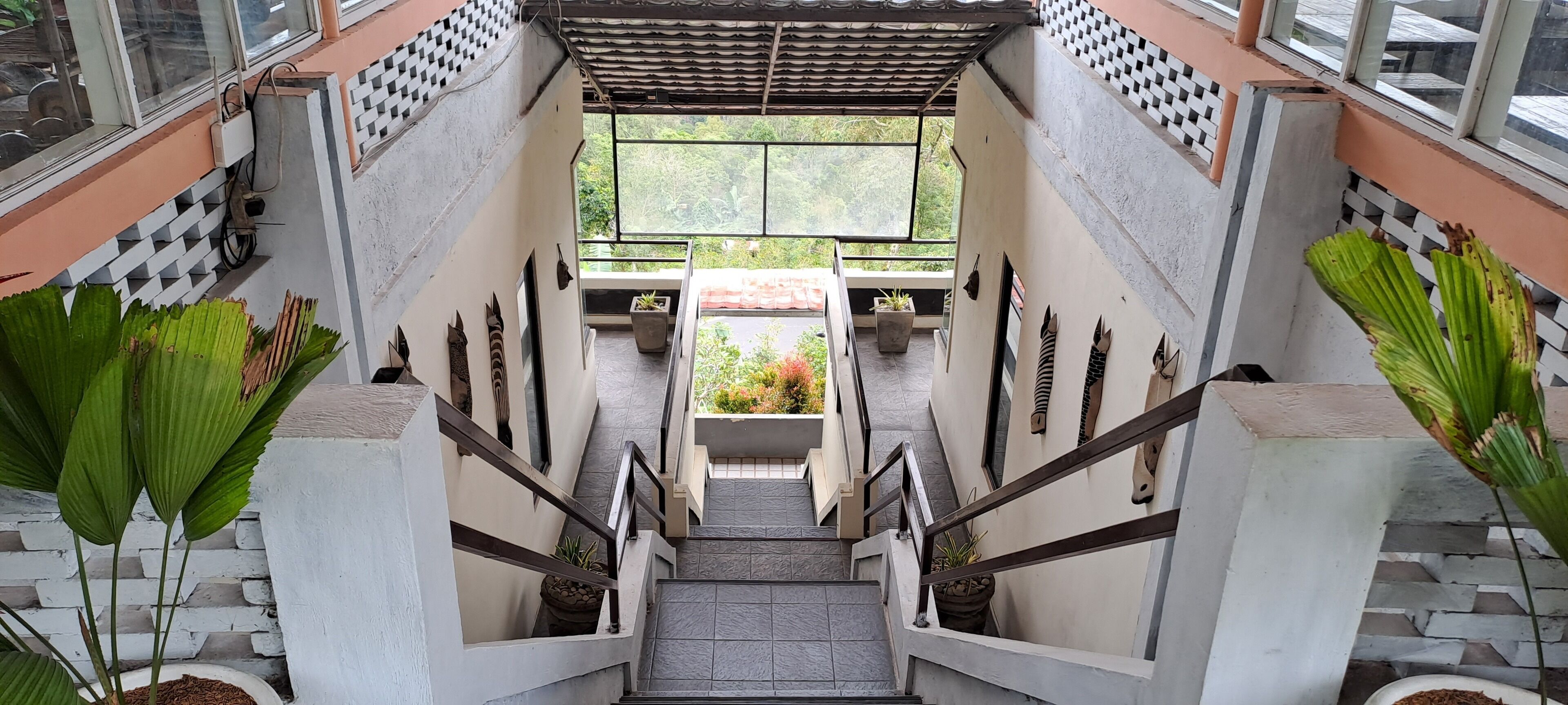 A staircase with a view of a balcony and potted plants.