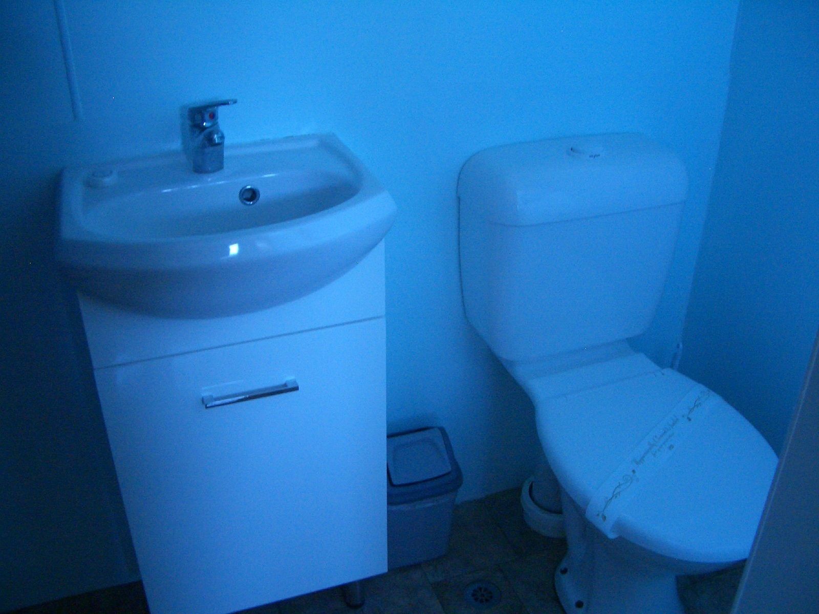 A bathroom with a white sink, toilet, and a trash bin.