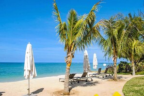 Ein Strand mit Palmen, Liegestühlen und Sonnenschirmen.