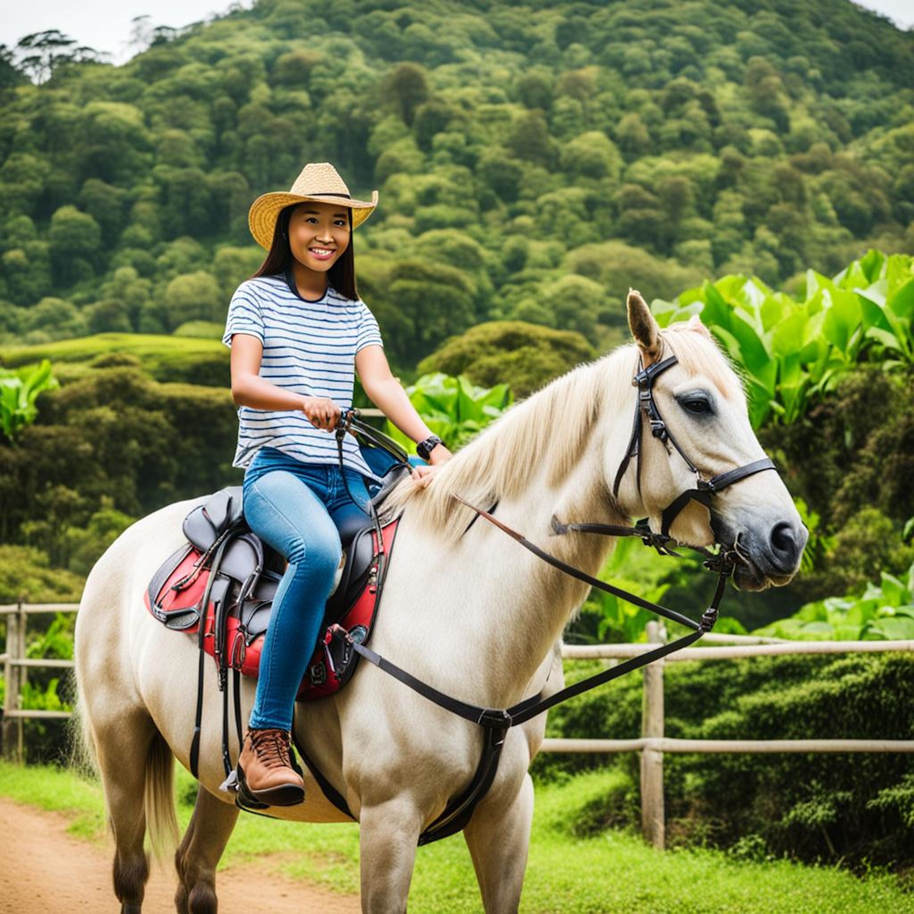 A person riding a white horse with a saddle and bridle, wearing a straw hat and a striped shirt, in a lush green landscape.