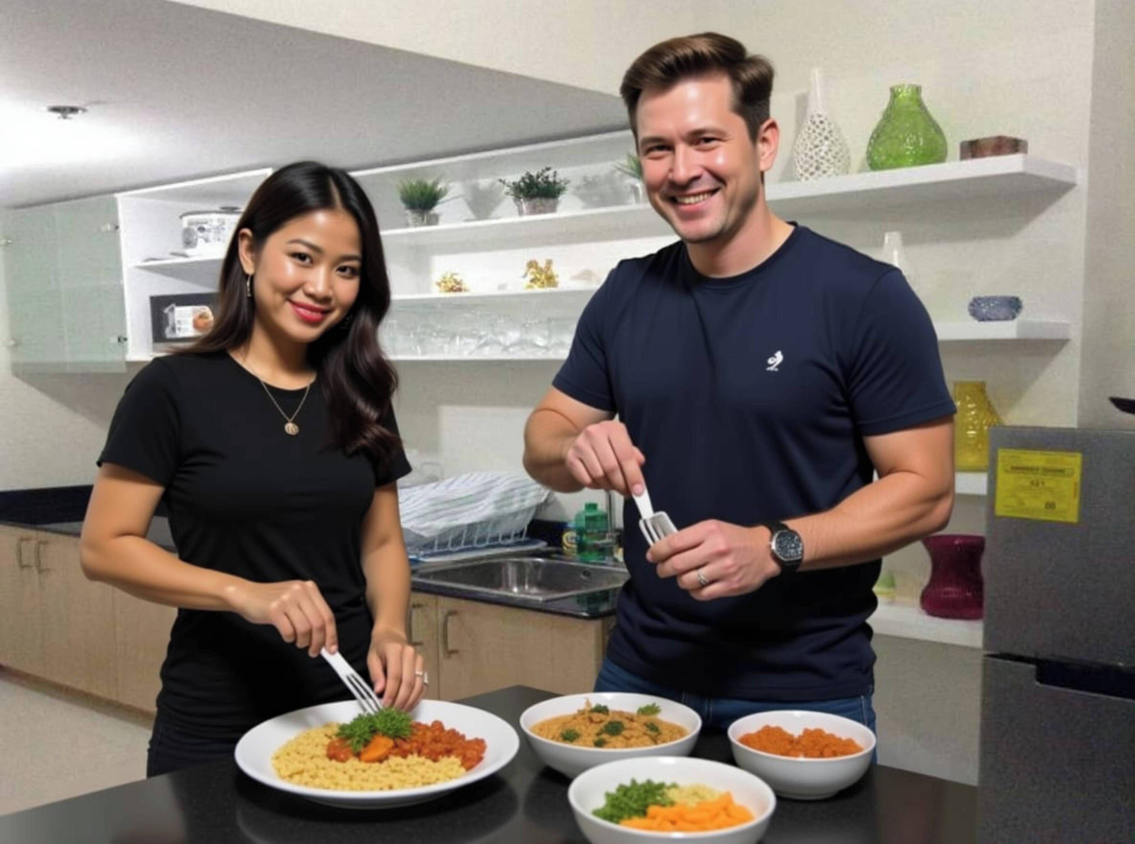 A modern kitchen with a woman and a man preparing food.