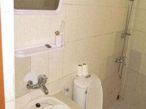 A bathroom with a sink, toilet, and shower. There is a shelf with a toothbrush holder and a roll of toilet paper.