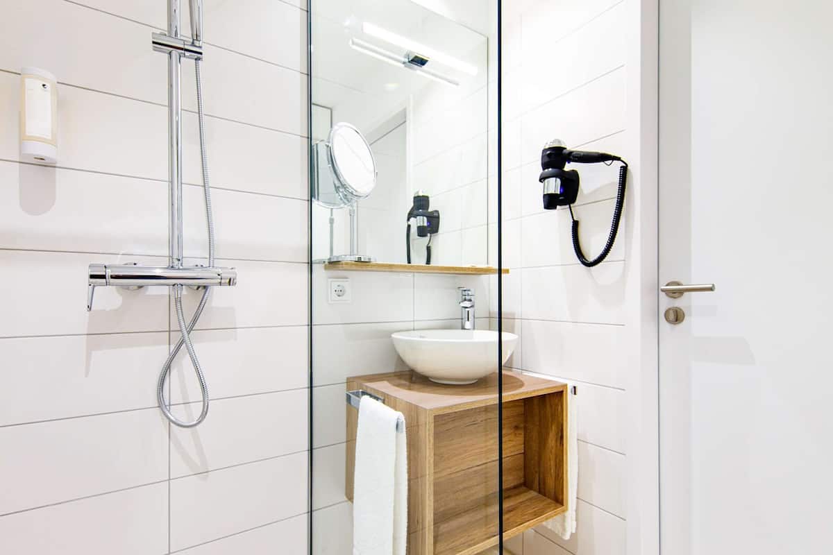 shower, free toiletries, hair dryer, towels