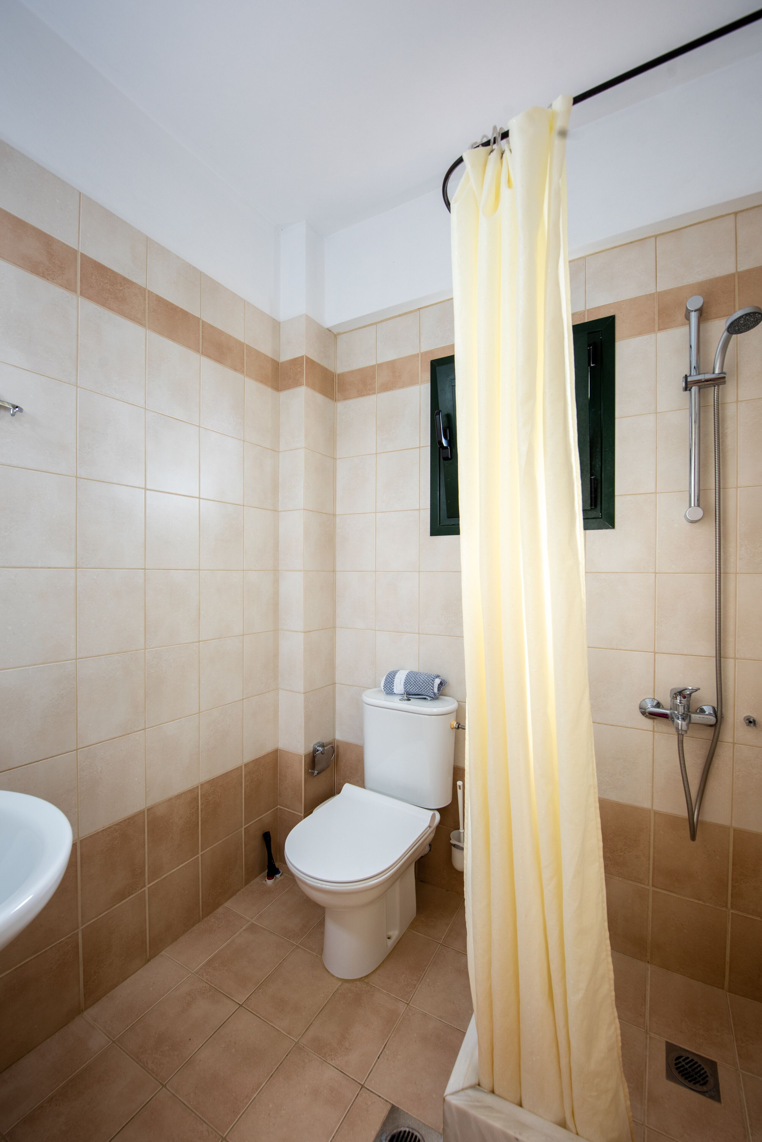 A bathroom with a toilet, sink, and shower.