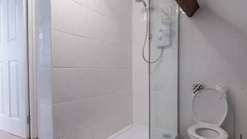 A modern bathroom with a glass-enclosed shower, a white toilet, and a black rug on the floor.