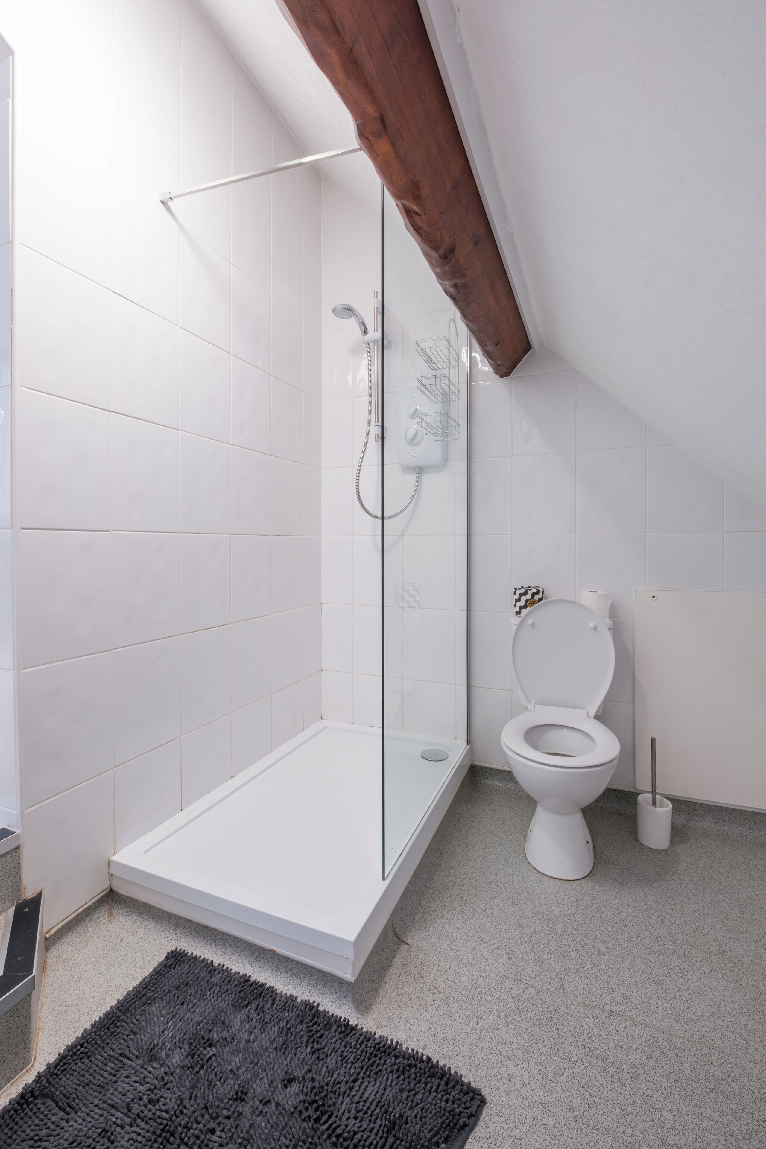 Une salle de bain moderne avec une douche à parois de verre, des toilettes et un petit lavabo.