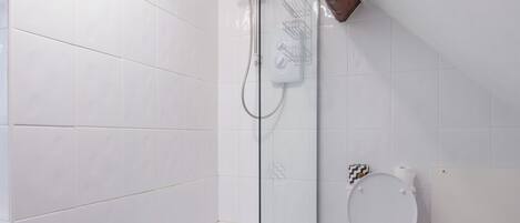 A modern bathroom with a glass-enclosed shower, a toilet, and a small sink.