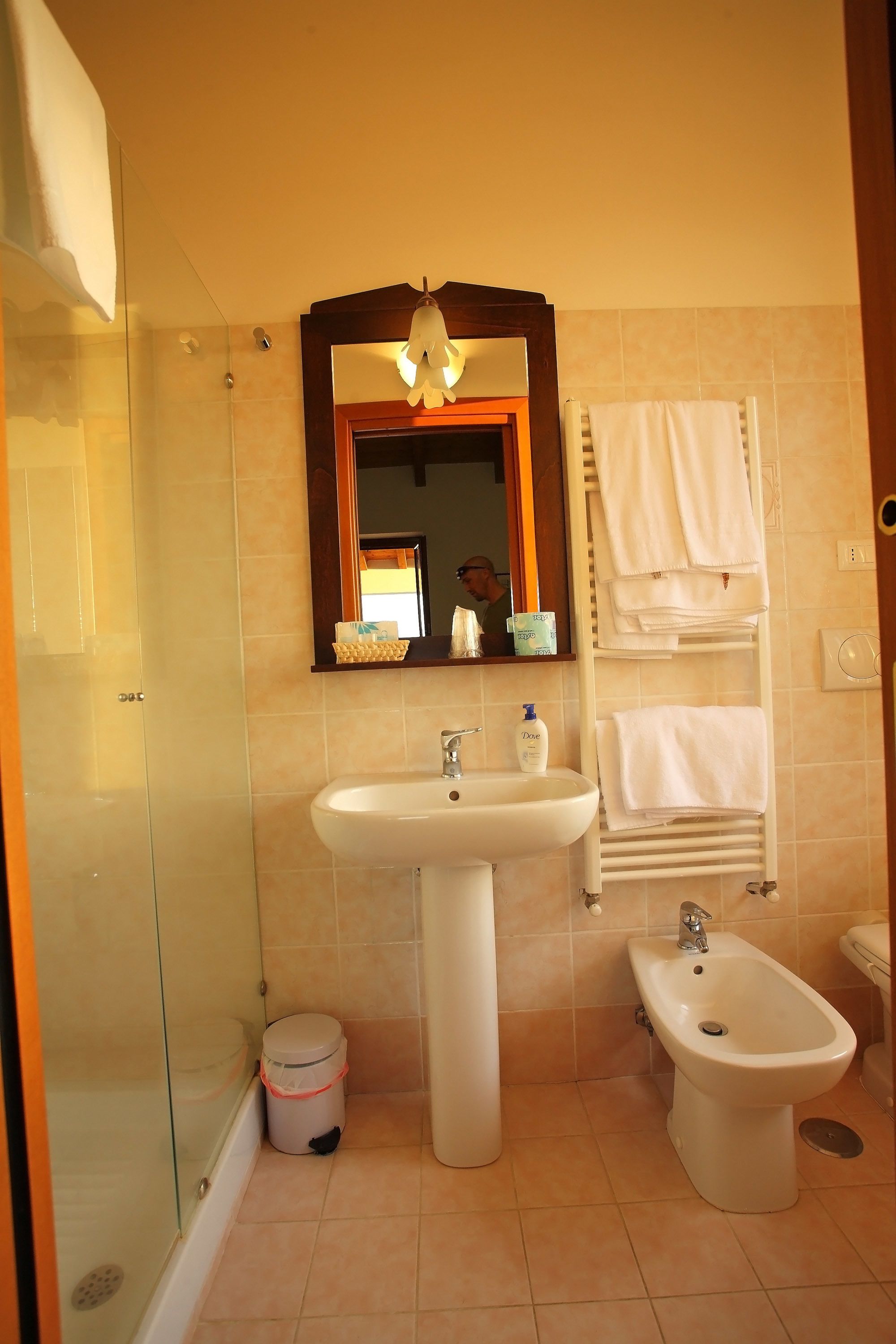 Un baño con cabina de ducha de vidrio, lavabo pedestal, bidé y un perchero para toallas.