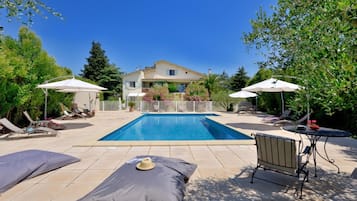 Outdoor pool, open 10:00 AM to 7:00 PM, pool umbrellas, pool loungers