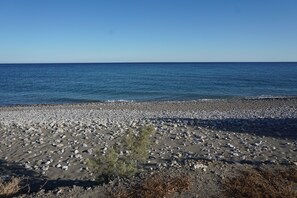 Plage, chaises longues, parasols