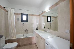 Combined shower/bathtub, hair dryer, towels, soap