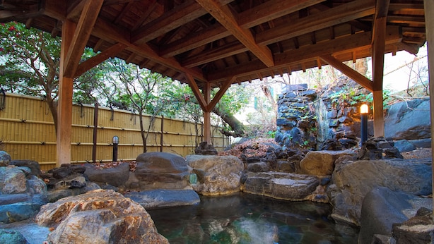 A traditional Japanese garden with a stone pond, wooden structures, and a bamboo fence. - Hotel Kinu (Nikko)