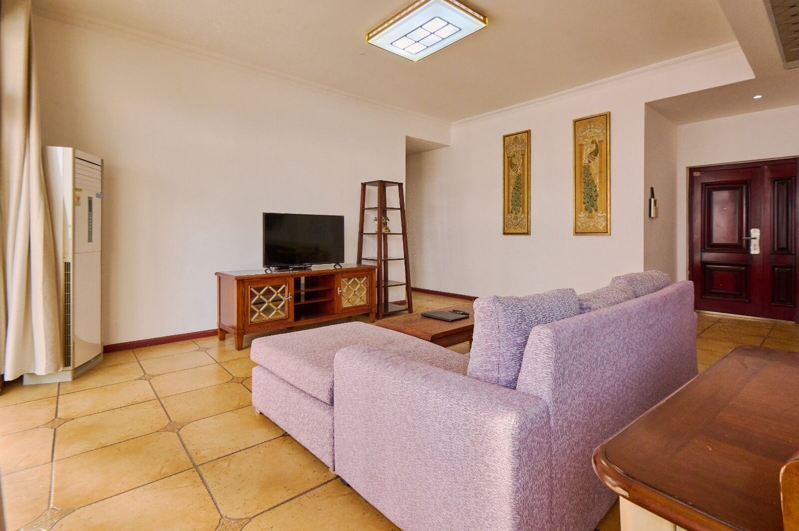 A living room with a sofa, a TV on a wooden cabinet, a ladder, and a door.