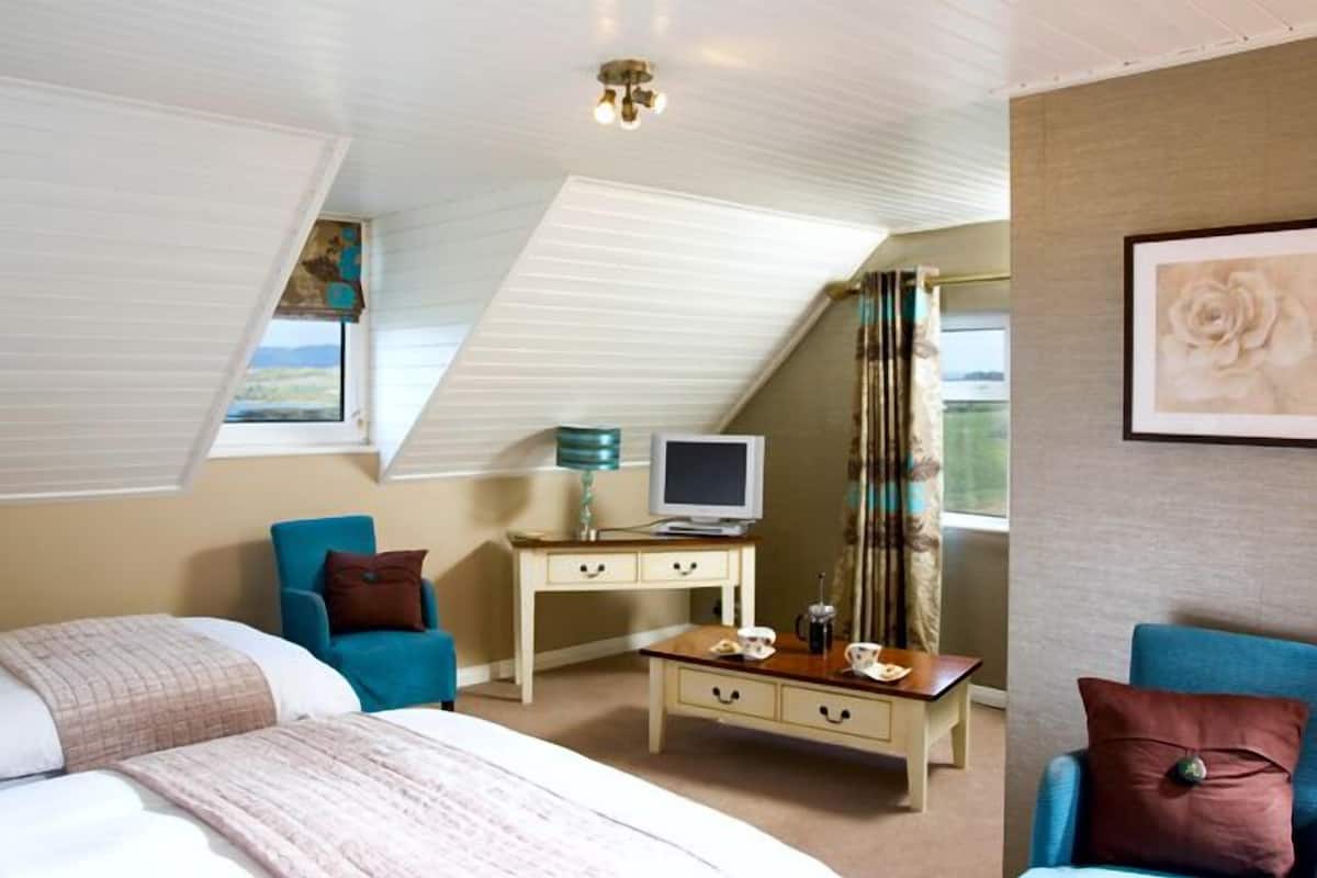 Een slaapkamer met een bed, twee stoelen, een bureau met een televisie en een raam met gordijnen.
