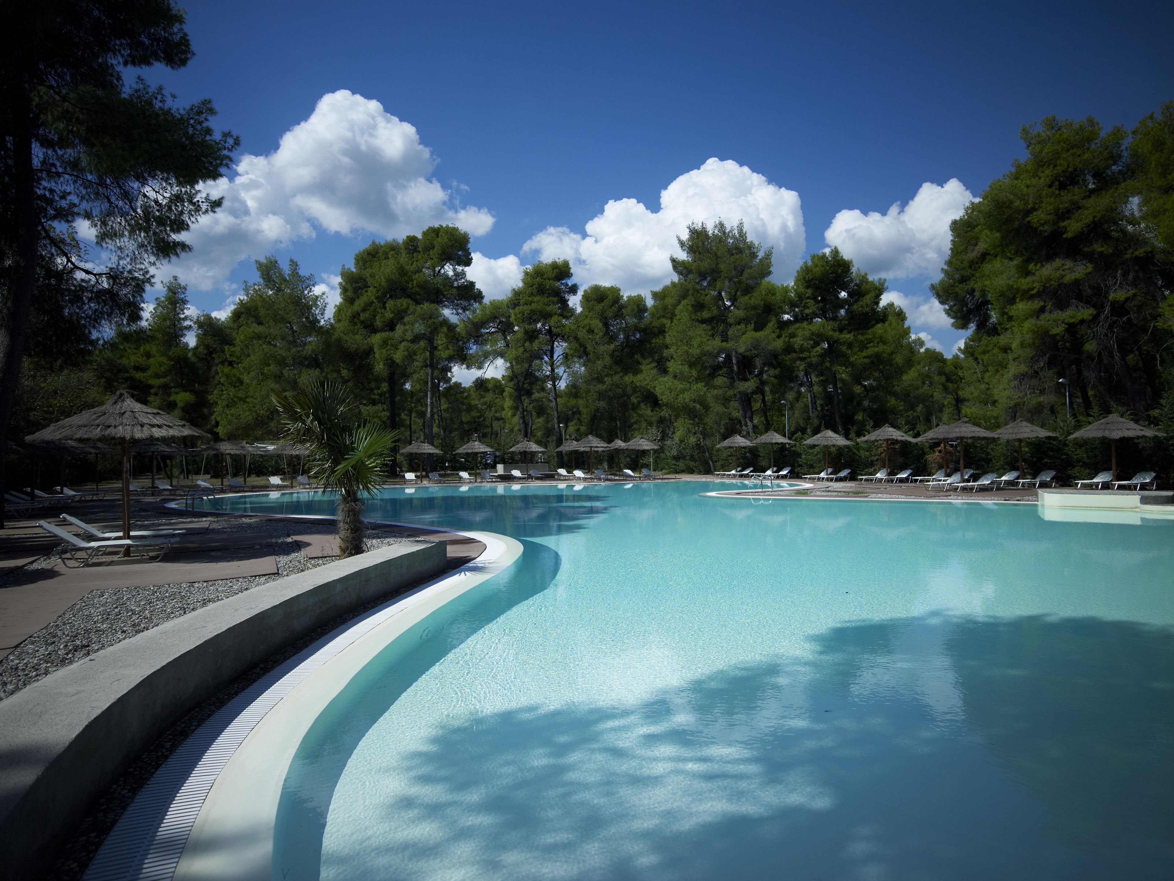 seasonal outdoor pool, pool umbrellas, pool loungers