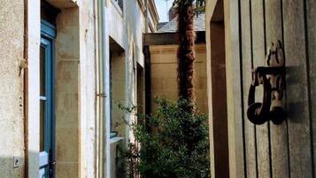 A narrow alleyway with a stone floor, a palm tree, and a wooden door with a metal handle.