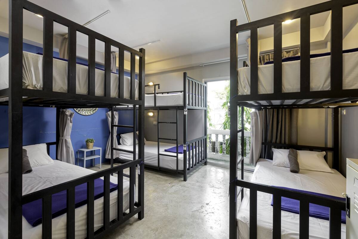 Un dormitorio con literas, una mesita con una planta y una ventana con cortinas.