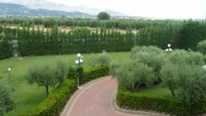 Un chemin pavé qui serpente à travers un espace paysager agrémenté de haies et d’arbres aux formes soignées.