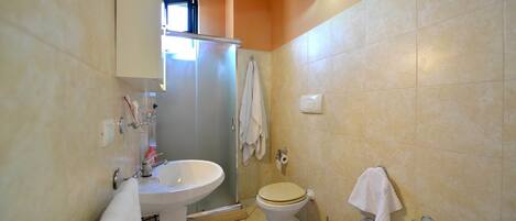 Un baño con inodoro, bidé, lavabo y zona de ducha.