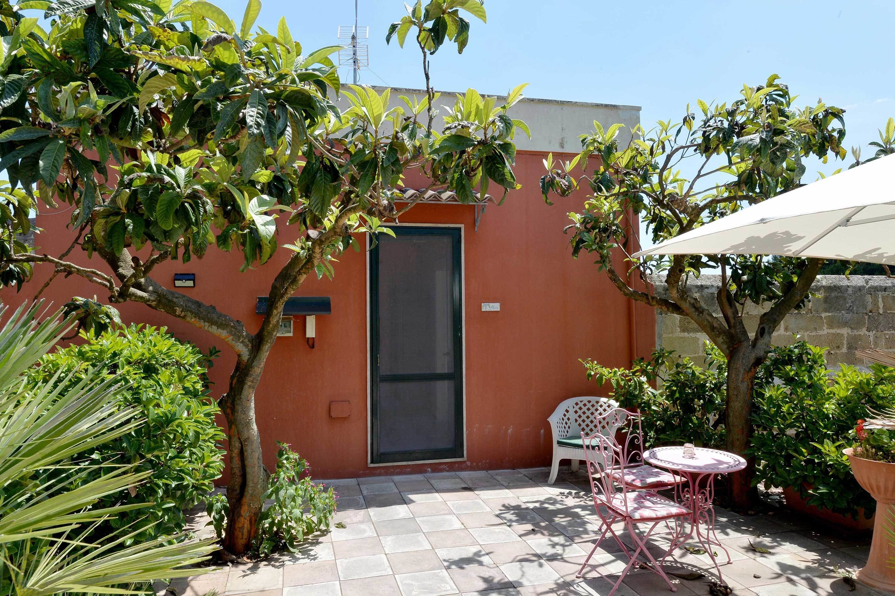 Un espace patio avec une table et des chaises, une plante en pot et une porte.