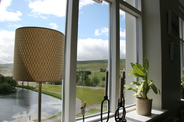 Una ventana con vistas al paisaje, una lámpara y una planta en maceta.