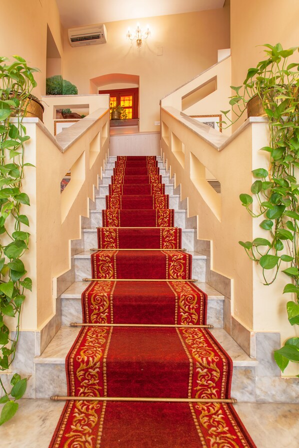 A grand staircase with red carpet and gold detailing, flanked by green plants, leading to a bright room with a chandelier.