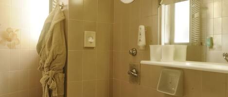 A bathroom with a toilet, a sink, and a mirror.