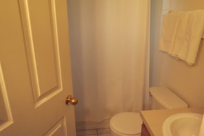 A bathroom with a toilet, a shower curtain, and a towel hanging on the wall. - SVV Pool Homes Davenport (Davenport)