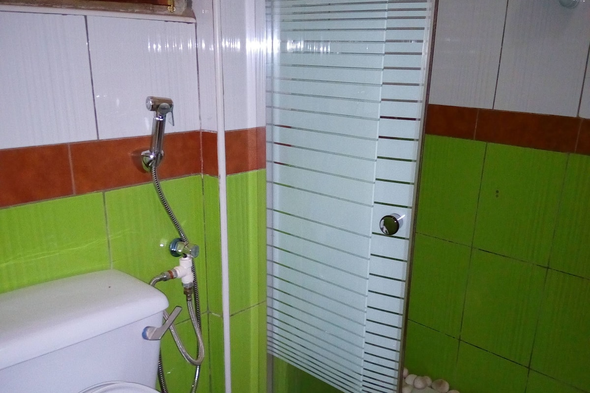 Shower, free toiletries, hair dryer, slippers
