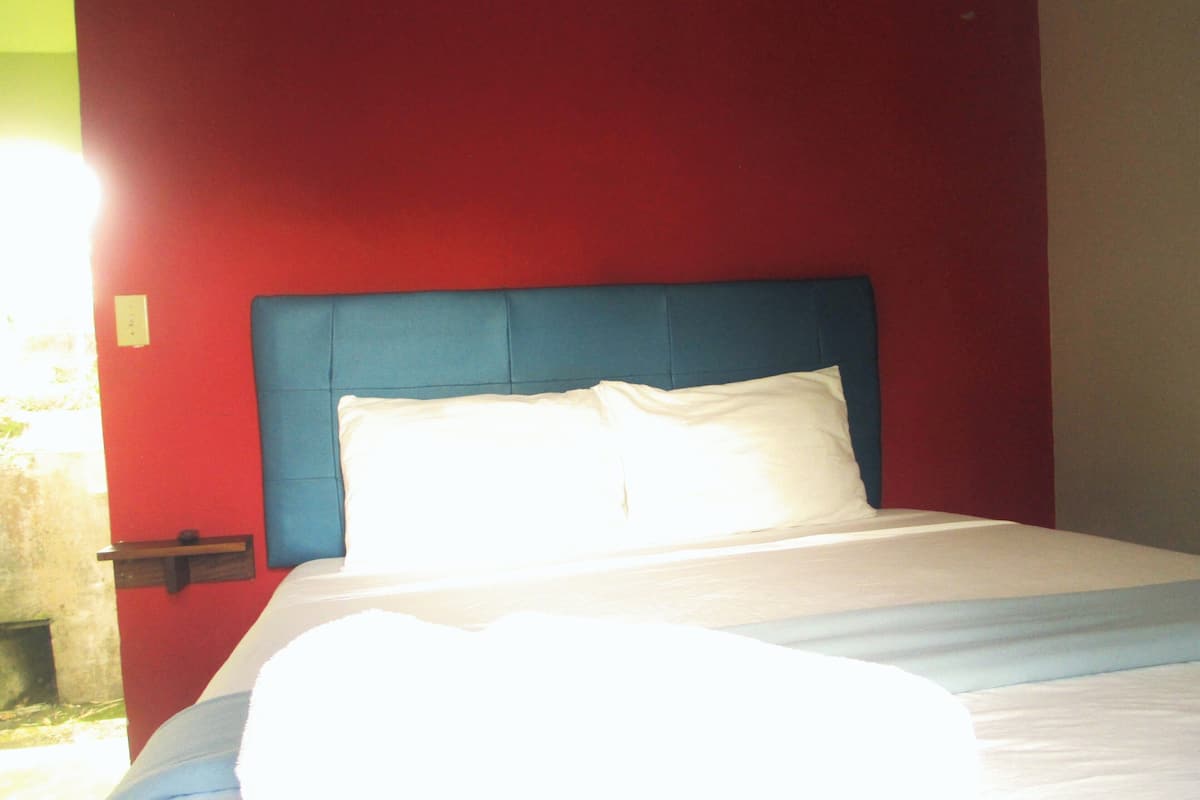 A bed with a blue headboard, white bedding, and a red wall.