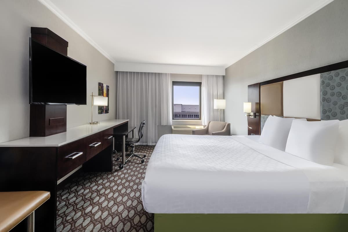 A hotel room with a large bed, a desk, a chair, a TV, and a window with a view.