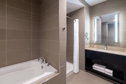 Combined shower/bathtub, free toiletries, hair dryer, towels