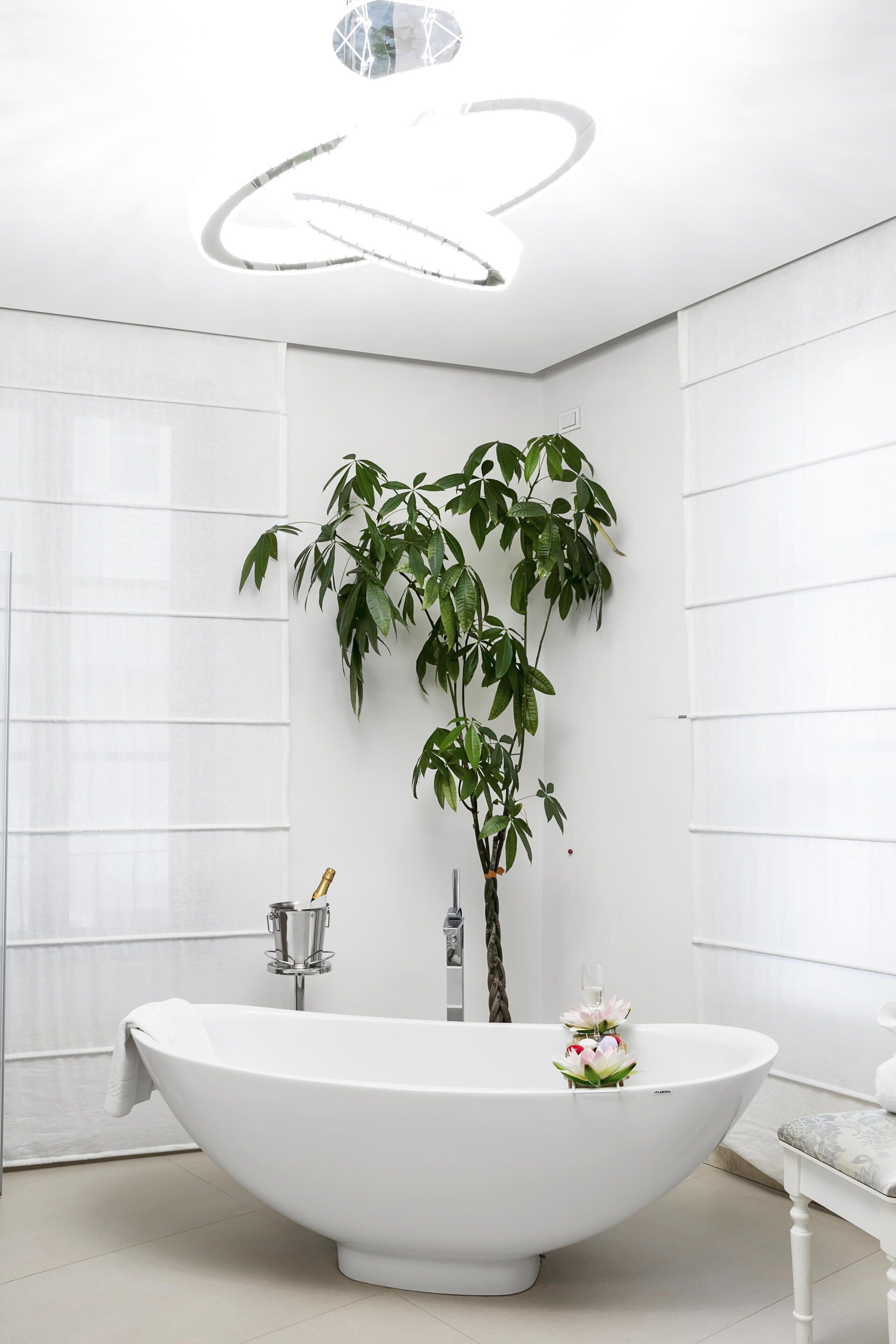 Un baño moderno con una bañera independiente, una planta en maceta y un diseño minimalista.