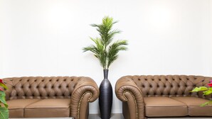 Een bruine sofa met een ruwe stofbekleding en een hoge zwarte vaas in het midden.