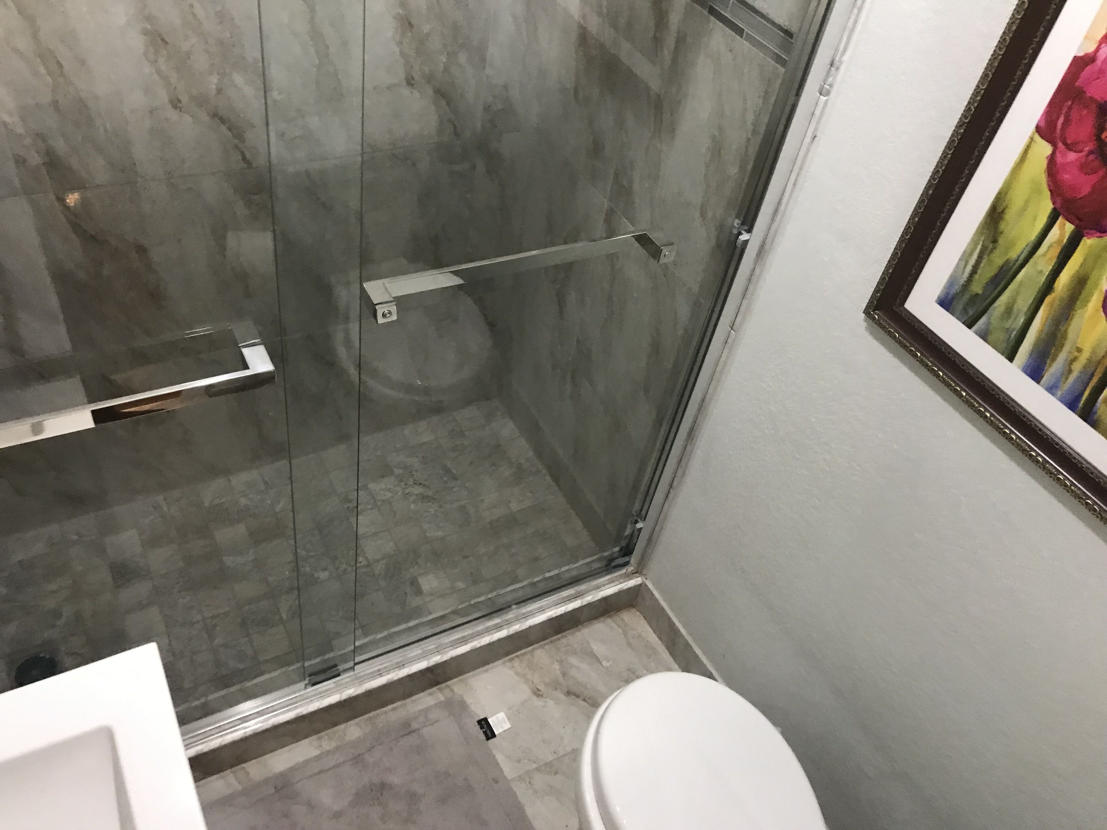 Un baño con cabina de ducha de vidrio, inodoro blanco y un cuadro enmarcado en la pared.
