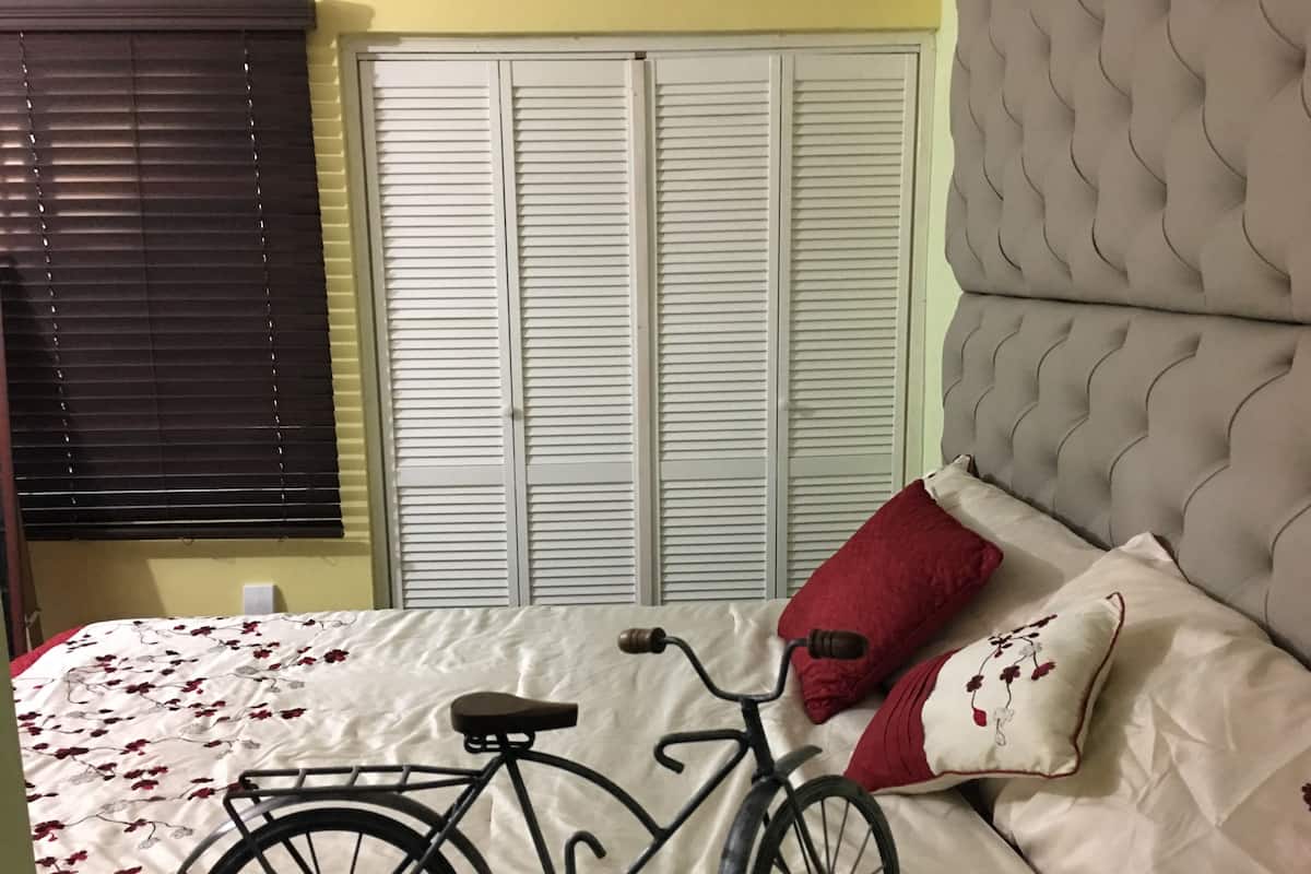A bedroom with a bed, a bicycle, and a set of white louvered closets.