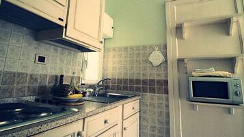Fridge, microwave, stovetop, cookware/dishes/utensils