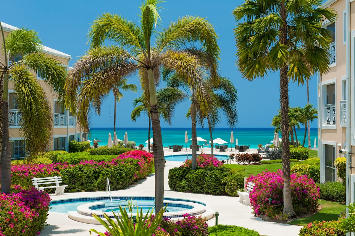 A resort with a pool, palm trees, and a view of the ocean.