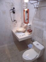 Shower, free toiletries, hair dryer, towels