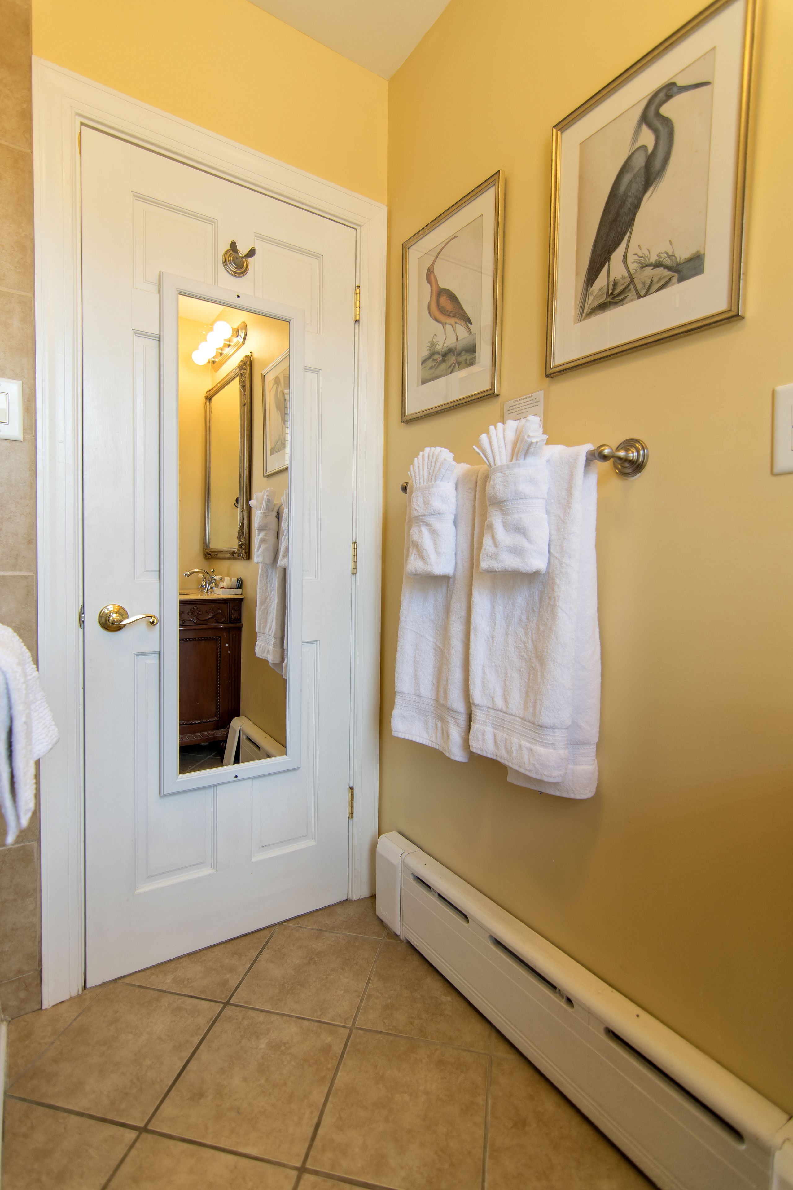 Une salle de bain avec une porte blanche, un miroir, deux tableaux représentant des oiseaux encadrés et deux serviettes suspendues à un porte-serviettes.