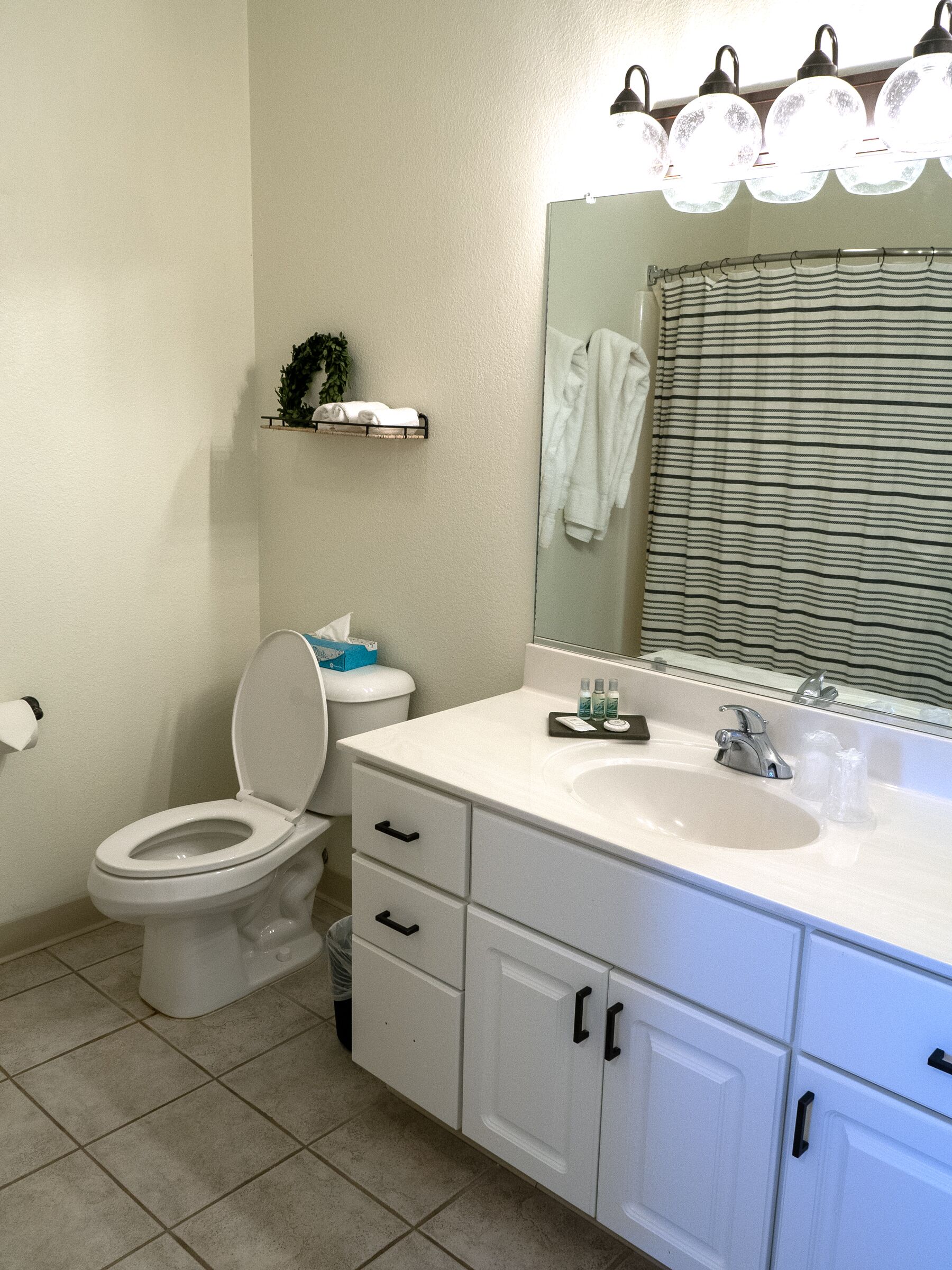 Un baño con inodoro, lavamanos y espejo.