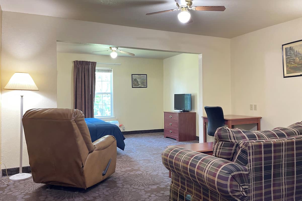 Ein Hotelzimmer mit braunem Ledersessel, einem karierten Sofa, einem Bett mit blauer Bettdecke, einer Holzkommode mit Fernseher und einem Deckenventilator.